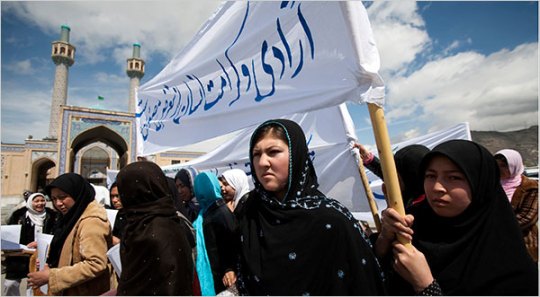 Women critical of new restrictions applying to Shiites demonstrated Wednesday in Kabul.